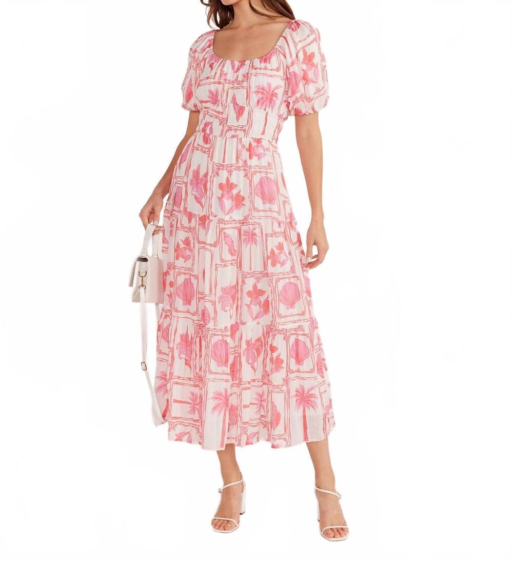 NEW MINKPINK bria puff sleeve midi dress in pink/white